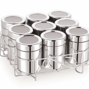 Sanskriti Exports 9 Square Stainless Steel Spice Box | Masala Box For Kitchen | Organiser With 9 Compartment, Sanskriti Exports Dabba, Square Masala Dani For Kitchen, Rust Resistant See-Through Lid, Silver
