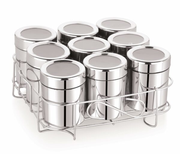 Sanskriti Exports 9 Square Stainless Steel Spice Box | Masala Box For Kitchen | Organiser With 9 Compartment, Sanskriti Exports Dabba, Square Masala Dani For Kitchen, Rust Resistant See-Through Lid, Silver