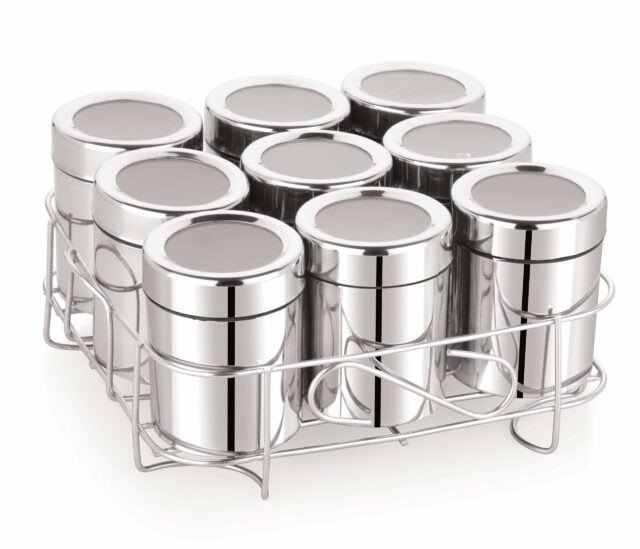 Stainless Steel Spice Box – 9-Compartment Masala Organizer with Lid