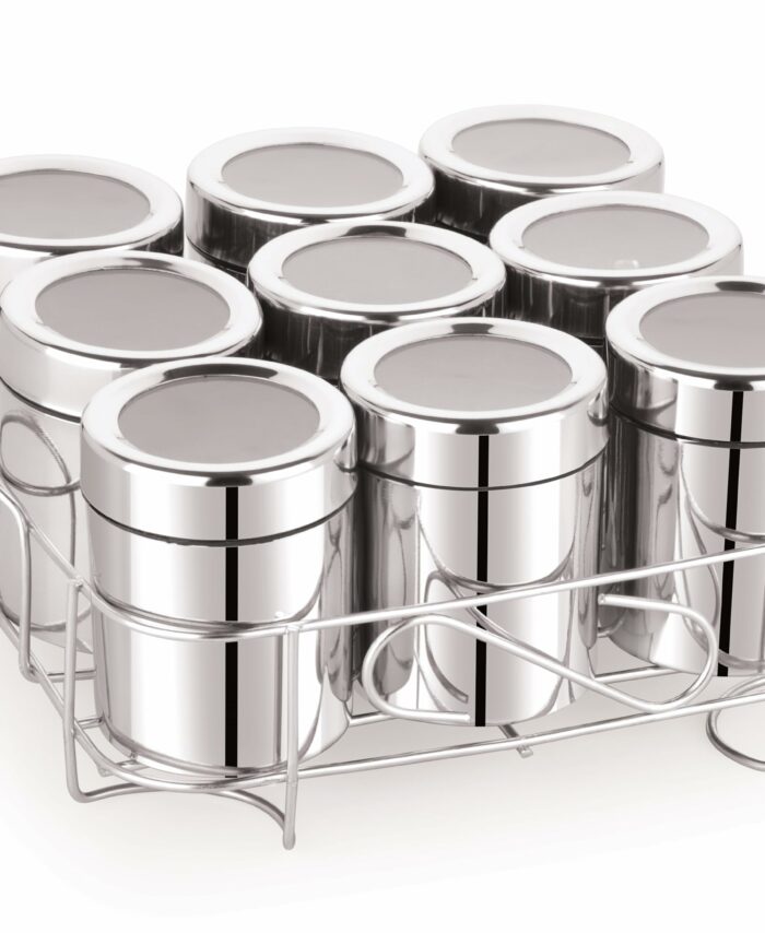 Sanskriti Exports 9 Square Stainless Steel Spice Box | Masala Box For Kitchen | Organiser With 9 Compartment, Sanskriti Exports Dabba, Square Masala Dani For Kitchen, Rust Resistant See-Through Lid, Silver