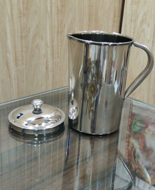 Stainless Steel Water jug with Lid and Handle | Capacity- 2 LTR (Approx) | Drink Servers | Laser Flower Design - Image 2