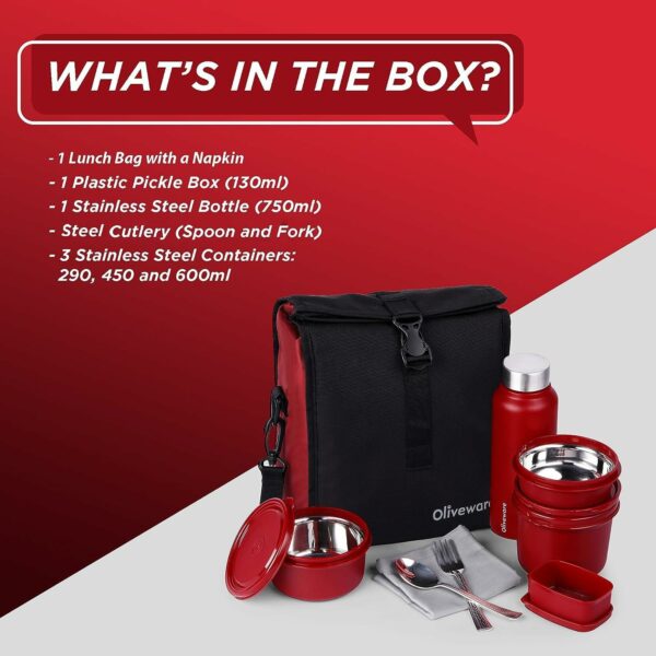 Sanskriti Exports Teso Elite Pro Lunch Box with Steel Cutlery, BPA Free Lids, Microwave Safe, Inside Steel Containers (290ml, 450ml & 600ml), Plastic Pickle Box (130ml), Steel Water Bottle (750ml) - Mahro - Image 4