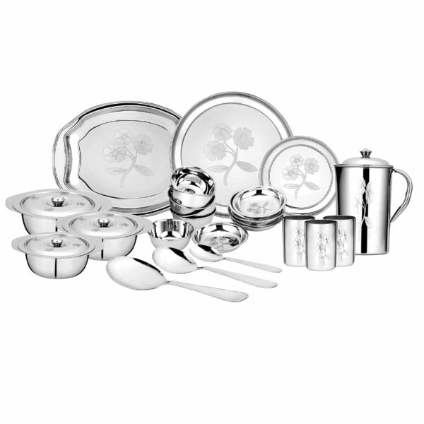 Sanskriti Exports Stainless Steel Eco Dinner Set - Laser 57 PCS | Complete Tableware Solution | Steel Utensils for Kitchen, Utensils Set, Bartan Set - Image 2