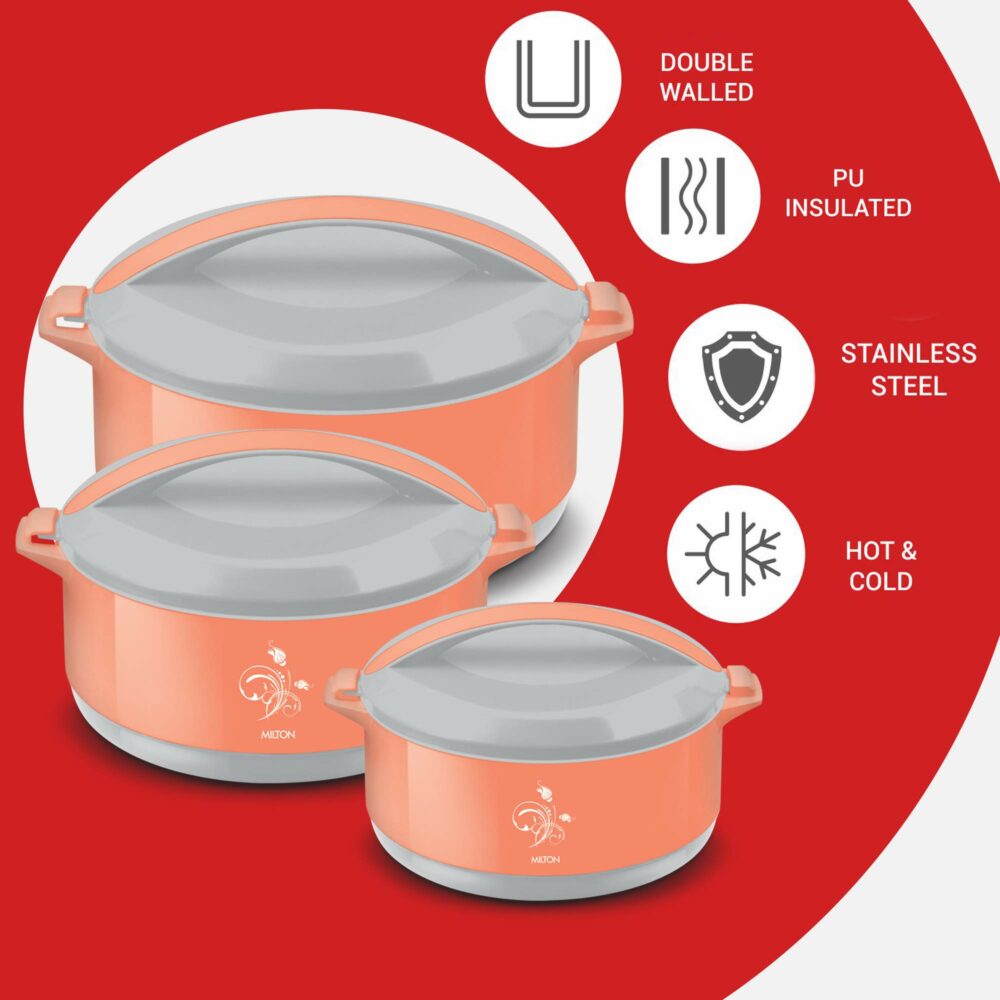 Milton Divine Jr. Inner Stainless Steel Serving Casserole Gift Set of 3 (430 ml, 830 ml, 1400 ml), PU Insulated Kitchen Hot Pot, Keeps Food hot & Fresh for Roti, Biryani, Orange - Image 2