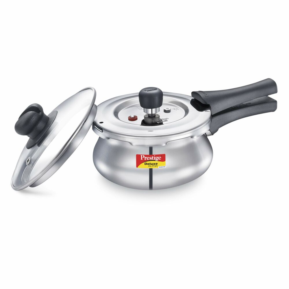 Prestige Deluxe Alpha Svachh Stainless Steel Pressure Cooker 1.5L With Glass Lid (With Deep Lid For Spillage Control)