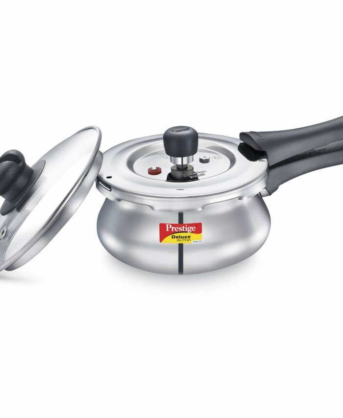 Prestige Deluxe Alpha Svachh Stainless Steel Pressure Cooker 1.5L With Glass Lid (With Deep Lid For Spillage Control)