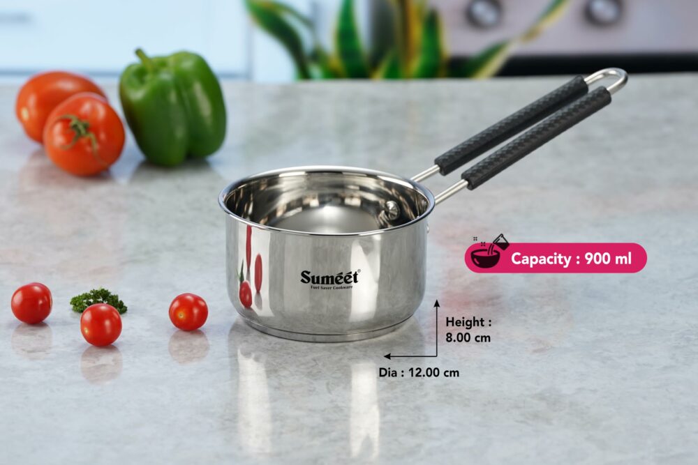 Sanskriti Exports Stainless Steel Induction Bottom Gas Stove & Induction Friendly Saucepan with Bacelite Wire Handle, 900ml, 12 cm Dia, Silver - Image 4
