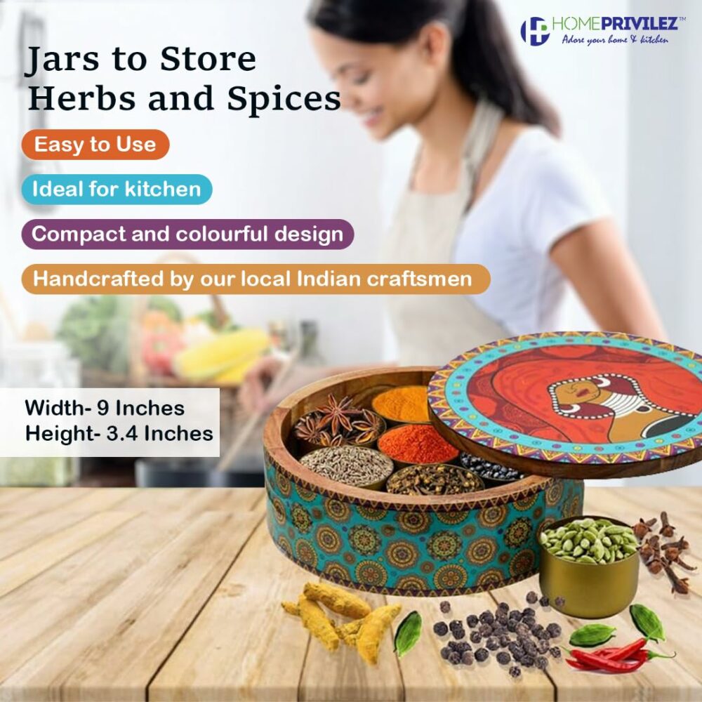 Sanskriti Exports Wooden Spice Box/Masala Dabba/Masala Dani Set for Kitchen with Printed Ethnic Design on Wood with Seven Gold Steel Spice Jars ? 8 Pcs set (9 inch Dia, Red) - Image 2