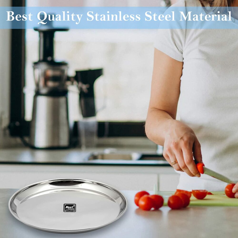 Next Future Stainless Steel Breakfast/Lunch/Dinner Plate Set of 6 with High Shiny Polish (Heavy Gauge) Medium Size Round Sanskriti Exports Thali - Diameter: 9 Inches/ 23 cms - Image 4