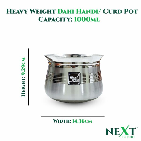 Sanskriti Exports - 1000ml, Heavy Gauge Dahi/Curd/Milk Pot Stainless Steel Handi Utensils, Highly Polished Cookware & Serveware Handi for Kitchen with Lid & Knob - Image 2