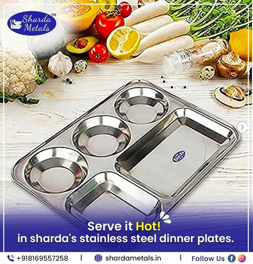 Sanskriti Exports Stainless Steel Rectangular Compartment Thali Set of 6 with 5 in 1 Divided Partition, Mess, Bhojan, Lunch & Dinner Plates - 13 x 10 inches - Image 6