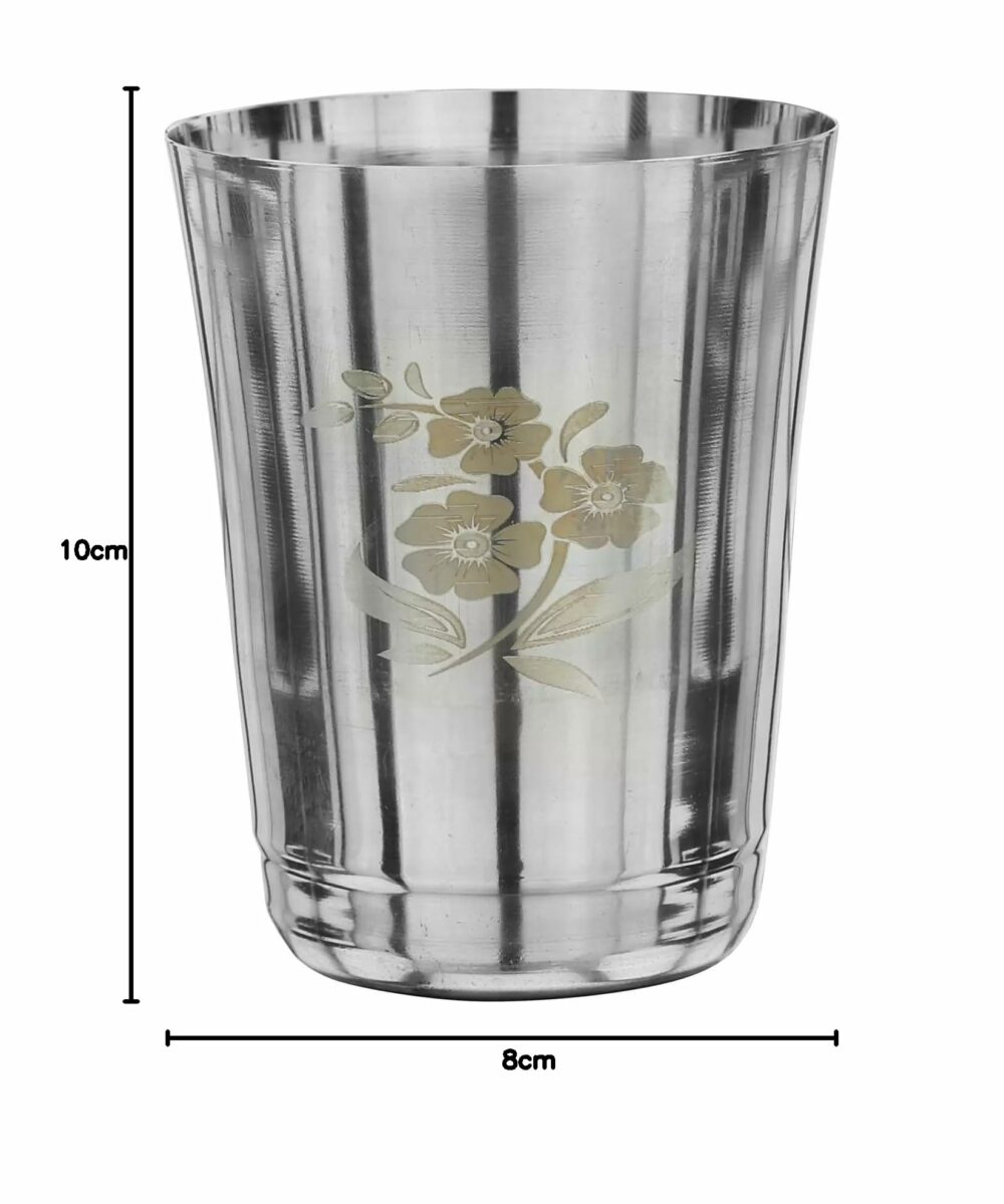 Sanskriti Exports 22 Gauge Stainless Steel Drinking Water Juice Tea Glass/Tumbler Set for Home Kitchen Dining I Ideal for Serving Beverages (350 ml, Silver) Permanent Laser Flower(Pack of 12) - Image 4