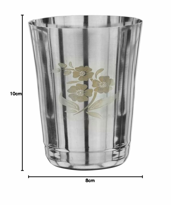 Sanskriti Exports 22 Gauge Stainless Steel Drinking Water Juice Tea Glass/Tumbler Set for Home Kitchen Dining I Ideal for Serving Beverages (350 ml, Silver) Permanent Laser Flower(Pack of 12)