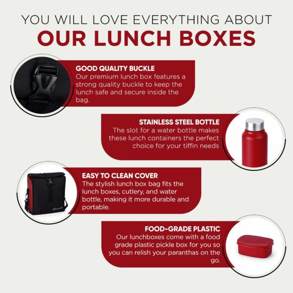 Sanskriti Exports Teso Elite Pro Lunch Box with Steel Cutlery, BPA Free Lids, Microwave Safe, Inside Steel Containers (290ml, 450ml & 600ml), Plastic Pickle Box (130ml), Steel Water Bottle (750ml) - Mahro - Image 3