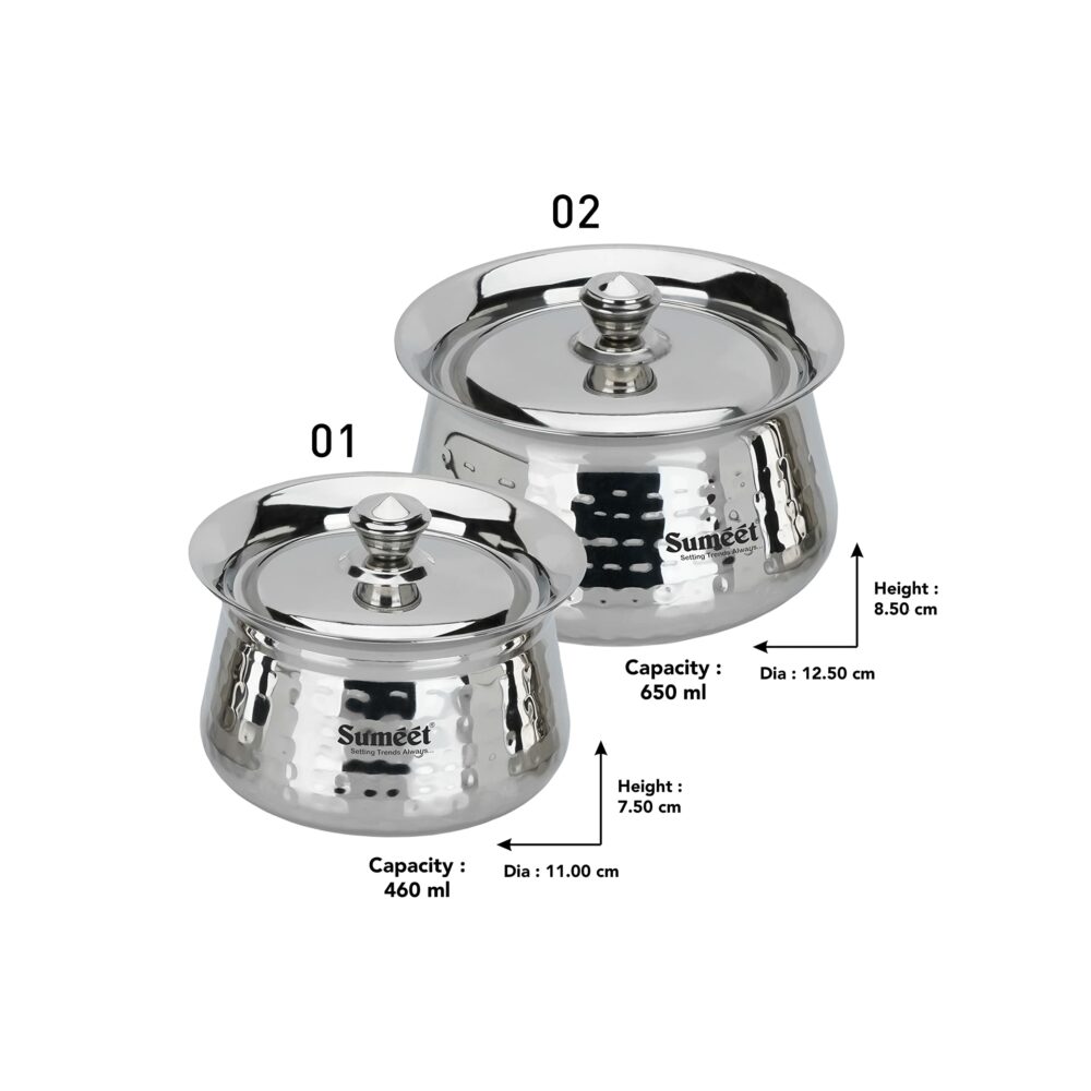 Sanskriti Exports Stainless Steel Handcrafted Hammered Texture Handi Set with Lid for Kitchen, Set of 2, 460ml & 650ml, Silver - Image 4