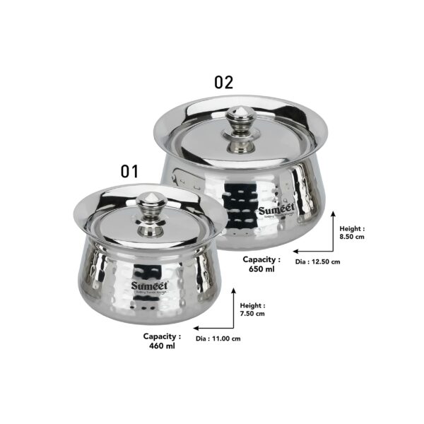 Sanskriti Exports Stainless Steel Handcrafted Hammered Texture Handi Set with Lid for Kitchen, Set of 2, 460ml & 650ml, Silver