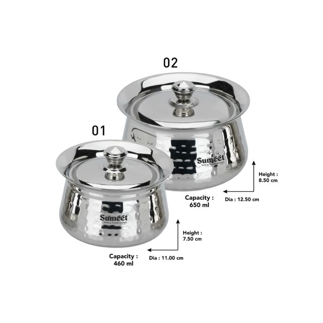Sanskriti Exports Stainless Steel Handcrafted Hammered Texture Handi Set with Lid for Kitchen, Set of 2, 460ml & 650ml, Silver