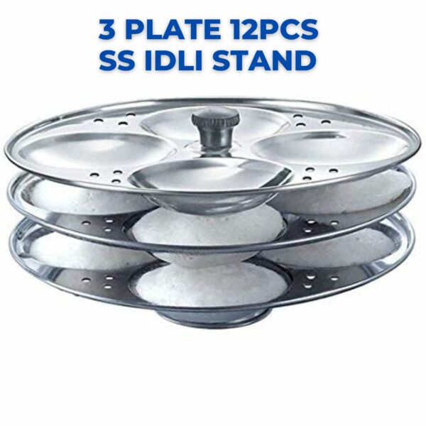 Premium Stainless Steel 3 plates 12 cavity Idli Stand Homemade Idli Maker Makes 12 standard size Idlis at once Idly stand with holes to be inserted in pressure cooker 3 Rack Idlis Stand
