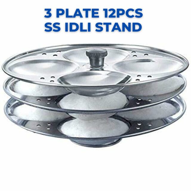Premium Stainless Steel 3 plates 12 cavity Idli Stand Homemade Idli Maker Makes 12 standard size Idlis at once Idly stand with holes to be inserted in pressure cooker 3 Rack Idlis Stand