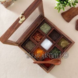 Sanskriti Exports Sheesham Wood Spice Box with 2 Spoons ? 9 Compartments Masala Box/Masala Container/Masala Dabba Organizer for Kitchen | Decorative Handmade Wooden Storage Box (Brown)