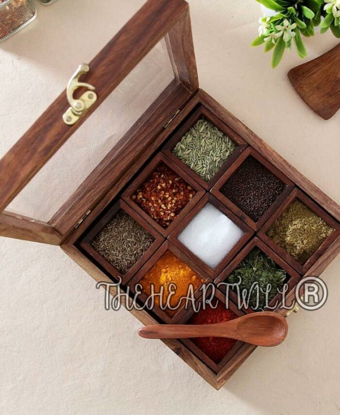 Sanskriti Exports Sheesham Wood Spice Box with 2 Spoons ? 9 Compartments Masala Box/Masala Container/Masala Dabba Organizer for Kitchen | Decorative Handmade Wooden Storage Box (Brown)