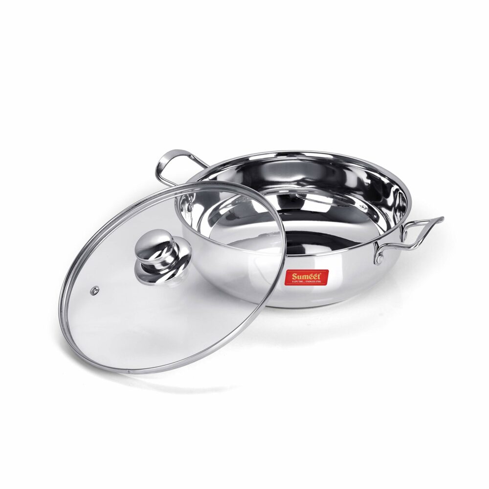 Sanskriti Exports stainless steel kadhai with glass lid 1 5 litres capacity 20 5 x 20 5 x 6 6 Centimeters 2 piece (Induction and Gas Stove Friendly) - Image 5