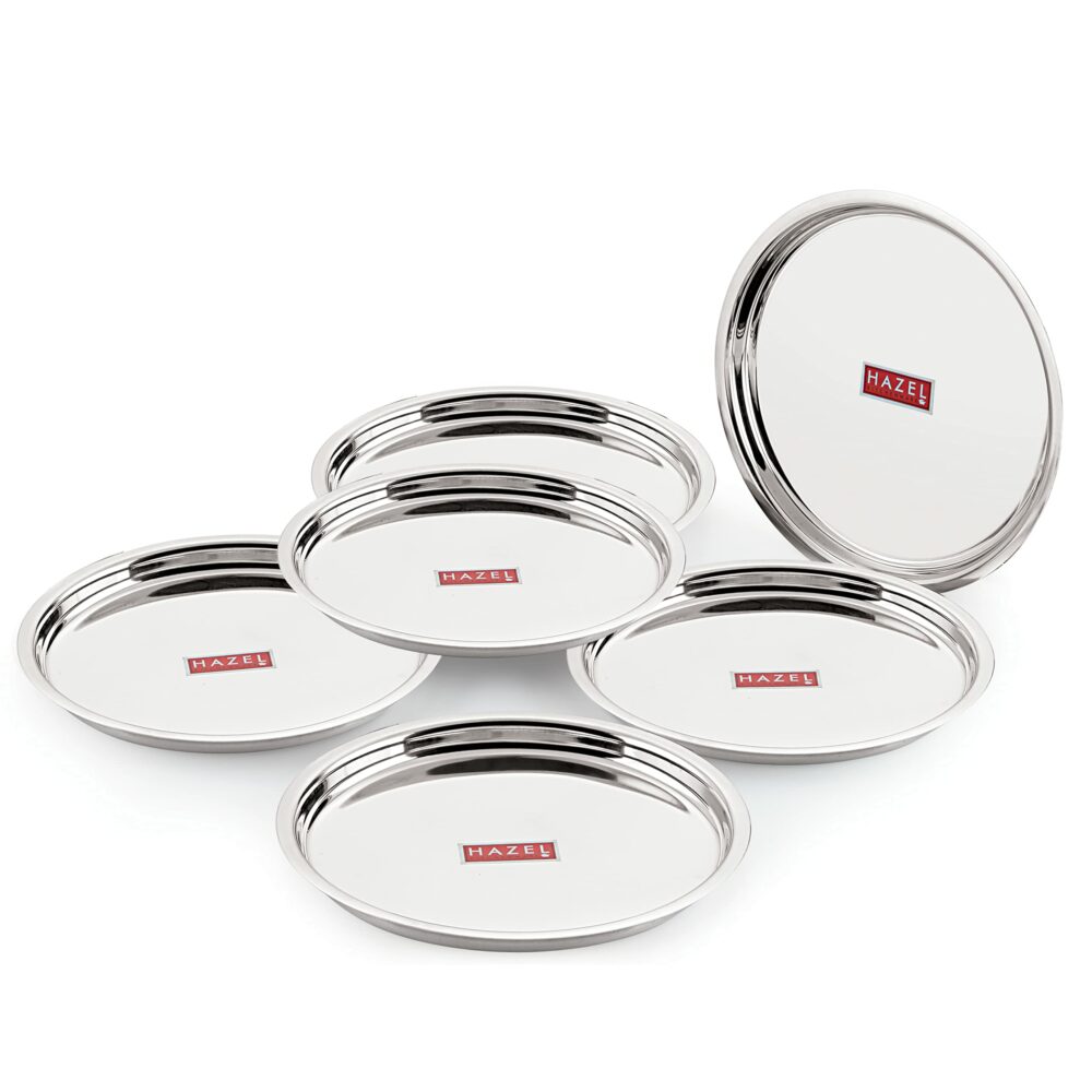 Sanskriti Exports Stainless Steel Plates Set | 25 cm Mirror Finish Thali Set Stainless Steel | Steel Plates Set for Dinner & Lunch, Set of 6