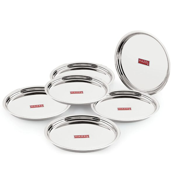Sanskriti Exports Stainless Steel Plates Set | 25 cm Mirror Finish Thali Set Stainless Steel | Steel Plates Set for Dinner & Lunch, Set of 6