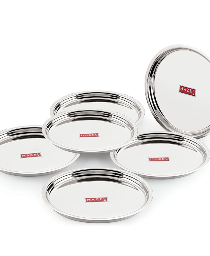Sanskriti Exports Stainless Steel Plates Set | 25 cm Mirror Finish Thali Set Stainless Steel | Steel Plates Set for Dinner & Lunch, Set of 6