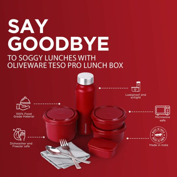 Sanskriti Exports Teso Elite Pro Lunch Box with Steel Cutlery, BPA Free Lids, Microwave Safe, Inside Steel Containers (290ml, 450ml & 600ml), Plastic Pickle Box (130ml), Steel Water Bottle (750ml) - Mahro - Image 2