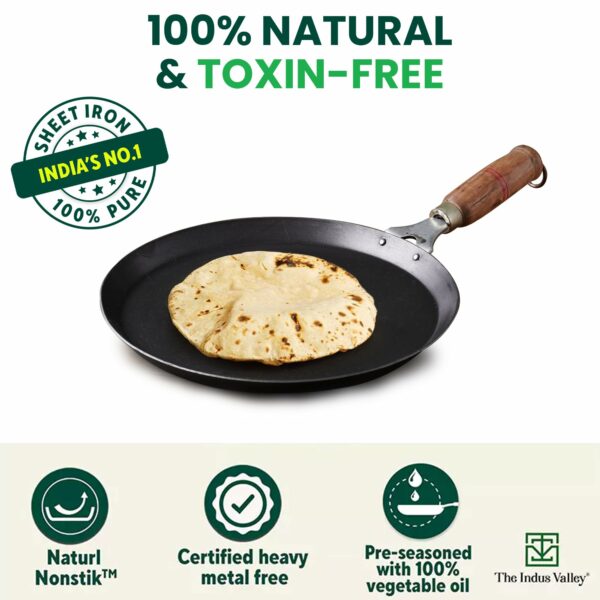 The Indus Valley Pre-Seasoned Iron Tawa for Dosa/Chapathi with Wooden Handle | 26cm/10.2 inch, 1.02kg | Induction Friendly | 100% Pure & Toxin-Free, No Chemical Coating - Image 6