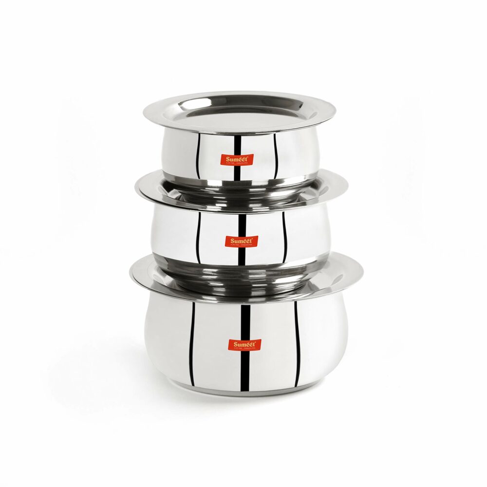 Sanskriti Exports Stainless Steel Belly Shape 3 Pc Tope/Cookware/Pot Set with Lid 380ML, 500ML, 780ML, (Silver)