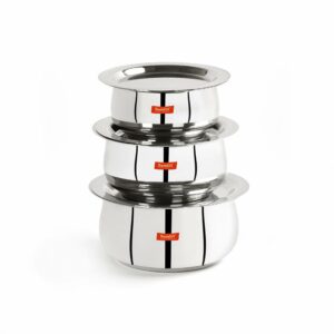 Sanskriti Exports Stainless Steel Belly Shape 3 Pc Tope/Cookware/Pot Set with Lid 380ML, 500ML, 780ML, (Silver)