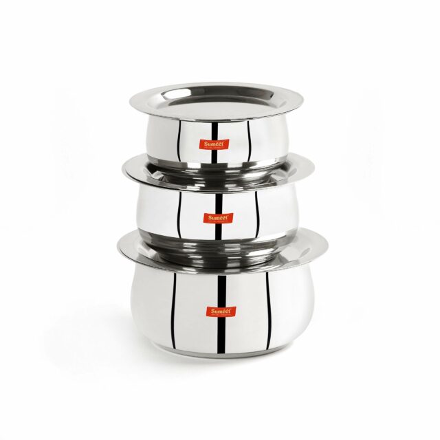 Sanskriti Exports Stainless Steel Belly Shape 3 Pc Tope/Cookware/Pot Set with Lid 380ML, 500ML, 780ML, (Silver)
