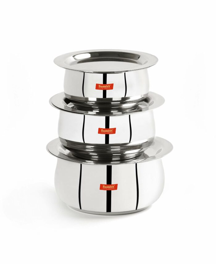 Sanskriti Exports Stainless Steel Belly Shape 3 Pc Tope/Cookware/Pot Set with Lid 380ML, 500ML, 780ML, (Silver)