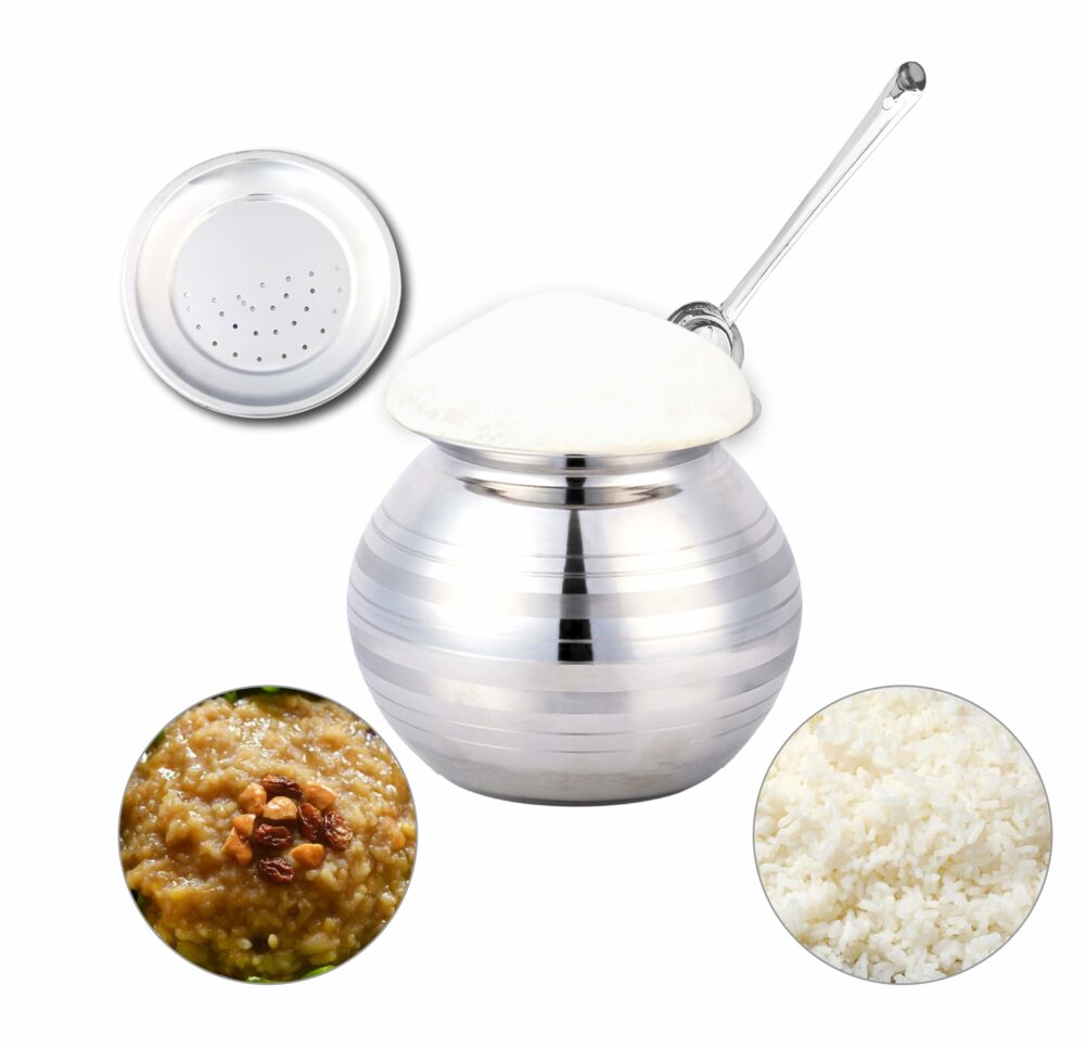 Sanskriti Exports Stainless Steel Rice Pot/Rice Strainer/Pongal Pot/Gundu/Cooker/Handi with Lid Vadi Plate and Ladle/Spoon, 3 Litres - Image 2
