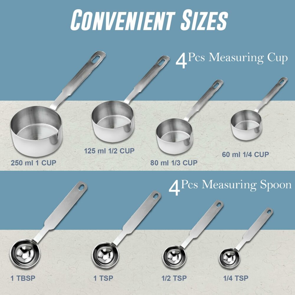 Sanskriti Exports Stainless Steel Measuring Cups & Spoon Combo for Dry or Liquid/Kitchen Gadgets/Cooking & Baking/Stackable Professional Measuring Cup Set with Measurement Handles (Set of 4 Cups & 4 Spoons) - Image 2