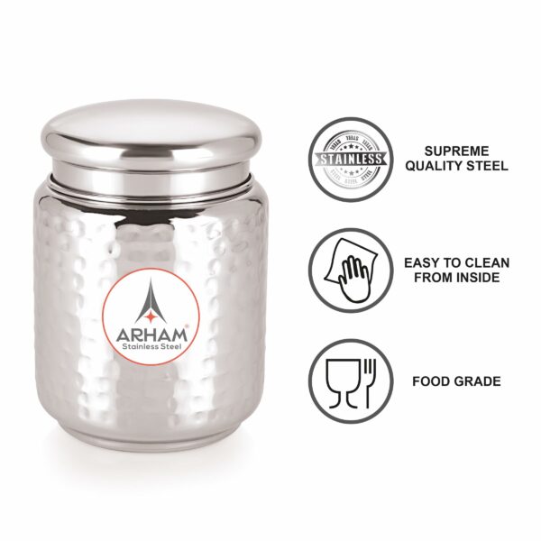 Sanskriti Exports Stainless Steel Hammered Pearl Canister with Thread Lock Lid | Food Grade Heavy Gauge Multipurpose Airtight Storage Jar | Container or Dabba for Kitchen (Pack of 1, 1500 ml) - Image 2
