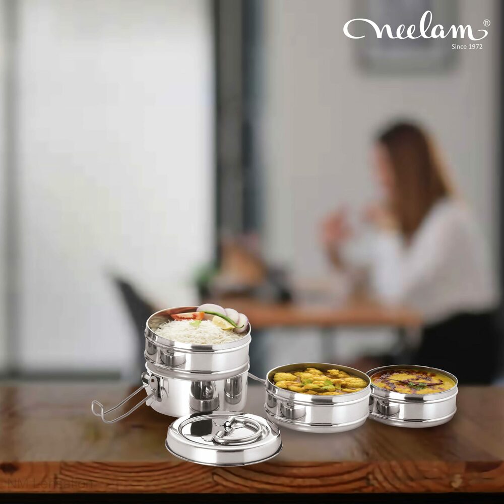 Sanskriti Exports Stainless Steel Lunch Box/Tiffin with Locking Clip, 4-Tier Container, 1500 ml, Hot & Cold Leak-Proof, Compact & Durable, Perfect for Office, School, Picnic and Travel, Silver - Image 4