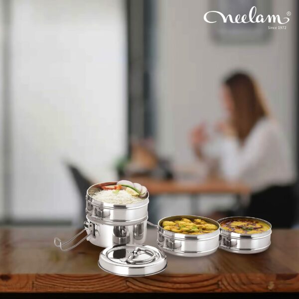 Sanskriti Exports Stainless Steel Lunch Box/Tiffin with Locking Clip, 4-Tier Container, 1500 ml, Hot & Cold Leak-Proof, Compact & Durable, Perfect for Office, School, Picnic and Travel, Silver