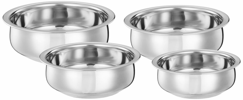 Sanskriti Exports Stainless Steel Handi Set size 15cm,16 cm,19cm,21cm (4 pieces, 750ml, 1100ml, 1500ml and 1900ml)