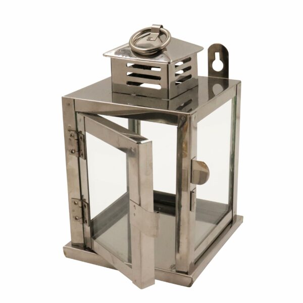 Spillbox Stainless Steel Wall Mounted Oil Lamp with Glass Cover | Deepam Glass Cover| Diya Protector from Wind- Hanging Diya Lantern (Small) Silver
