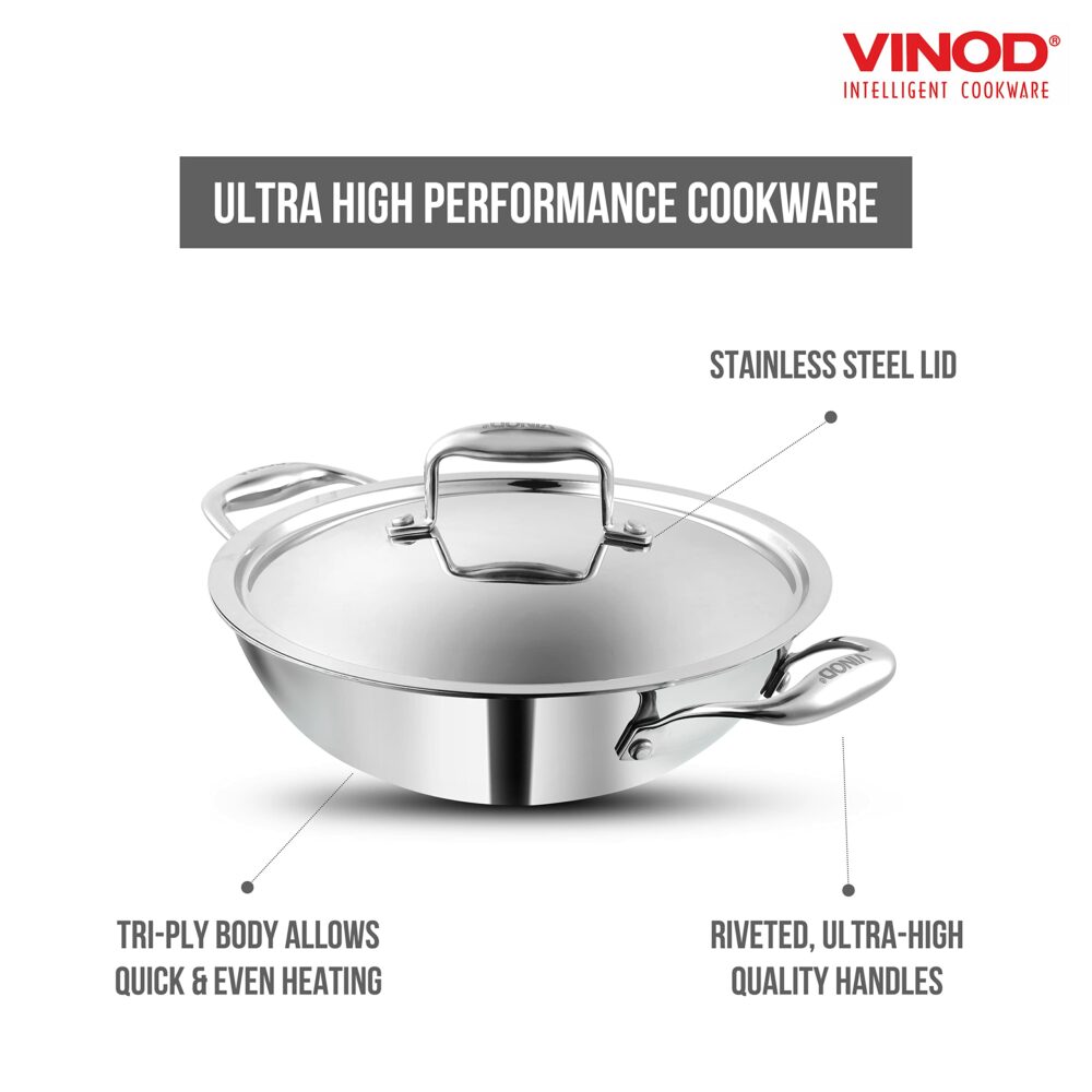 Vinod Platinum Triply Stainless Steel Kadai with lid 2 5 Litre (24 cm Dia) | 2 5mm Thick | 3 Layer Stainless Steel Cookware | 5 Year Warranty | Induction & Gas Base | Heavy Base - Image 4