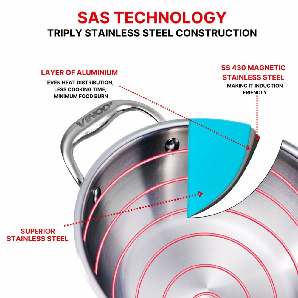 Vinod Platinum Triply Stainless Steel Extra Deep Kadai with Stainless Steel Lid 1 1 litres Capacity (18 cm Diameter) | 18 cm Triply Stainless Steel Kadai, Silver (Induction and Gas Stove Friendly) - Image 5