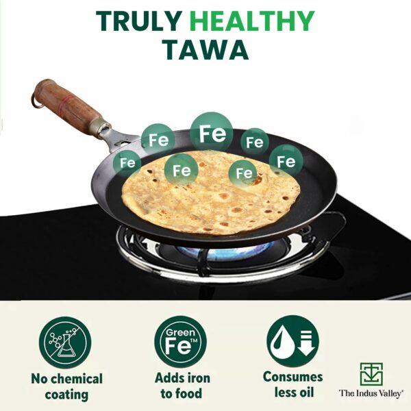 The Indus Valley Pre-Seasoned Iron Tawa for Dosa/Chapathi with Wooden Handle | 26cm/10.2 inch, 1.02kg | Induction Friendly | 100% Pure & Toxin-Free, No Chemical Coating - Image 5