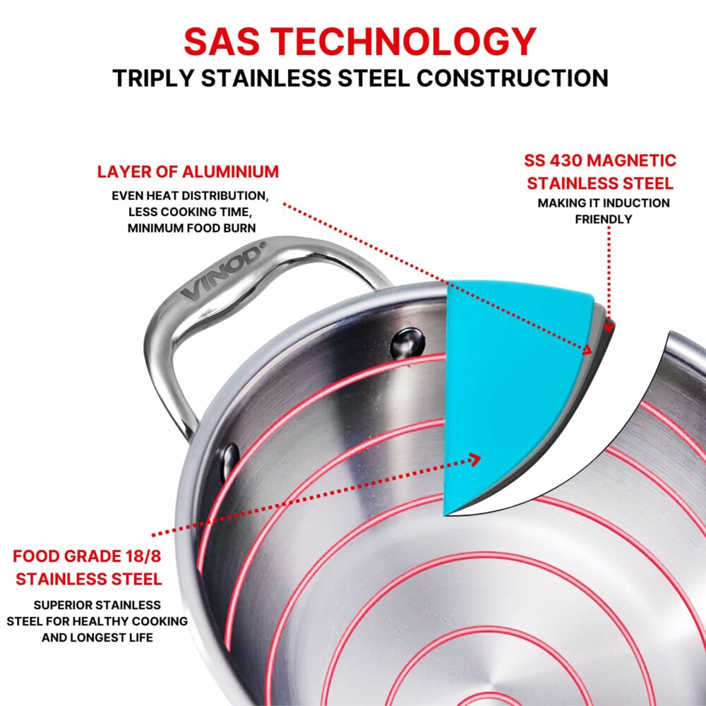 Vinod Platinum Triply Stainless Steel Extra Deep Kadai with Stainless Steel Lid 3 2 litres Capacity (24 cm Diameter) | 24 cm Triply Stainless Steel Kadai, Silver (Induction and Gas Stove Friendly) - Image 5