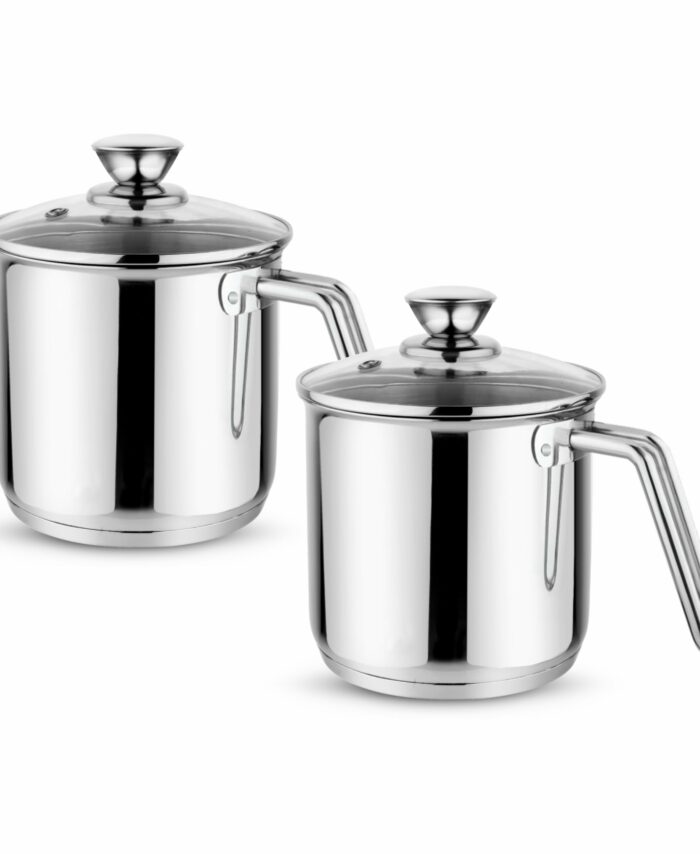 Sanskriti Exports Stainless Steel Milkpan, Milkpot, Water Boiler, Egg Boiler, Saucepan, Tea/Chai Pan, Riveted Sturdy Bakelite Handle, Induction and Gas Compatible, Highly Durable, 14cm Pot 1.8 liter with Glass Lid (