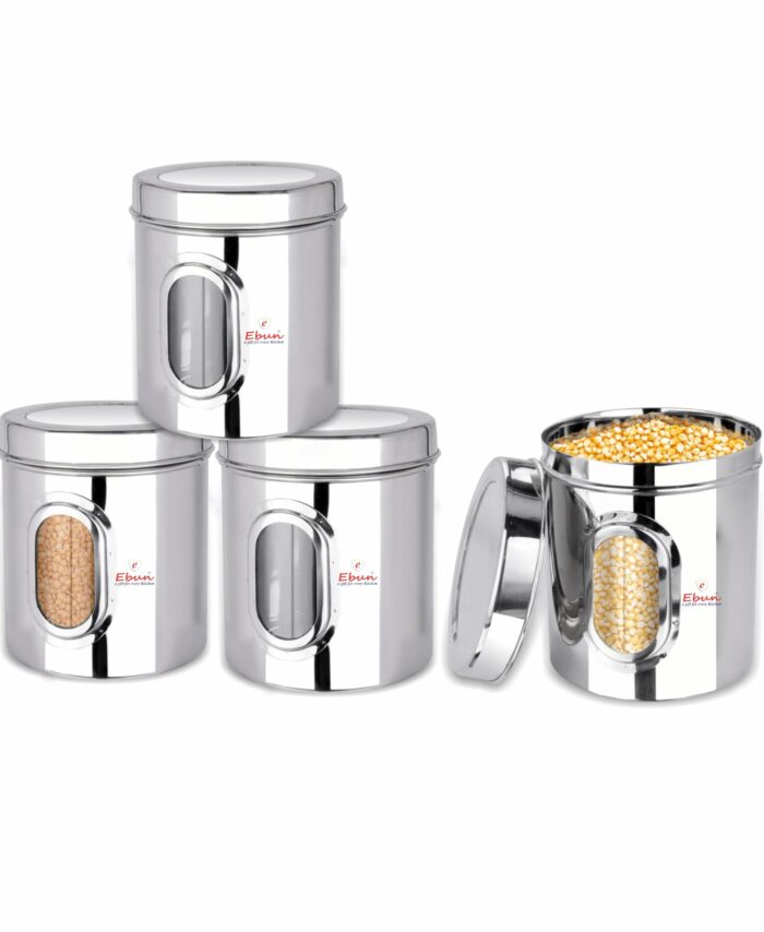 Sanskriti Exports Stainless Steel Multipurpose See Through Containers | Air Tight Canisters For Kitchen Storage | Ubha Dabba | Transparent Vertical Jar | Silver | 2 Kgs | Pack Of 4 Pcs