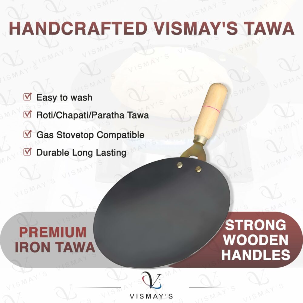 Sanskriti Exports Pure Iron Tawa with Unique Smooth Edges - First Time in India, Metal Spoon Friendly Dishwasher Safe, Strong Riveted Wooden Handle Perfect for Roti & Chapati - 9.5 Inch - Image 6