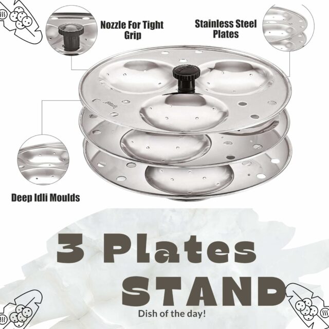 Sanskriti Exports - 3 Plates Stainless Steel Heavy Quality Idli Stand for 3 Liter Cooker | (9 Big Size idli Maker Stand Kitchen Tool 3 Plates, Silver)